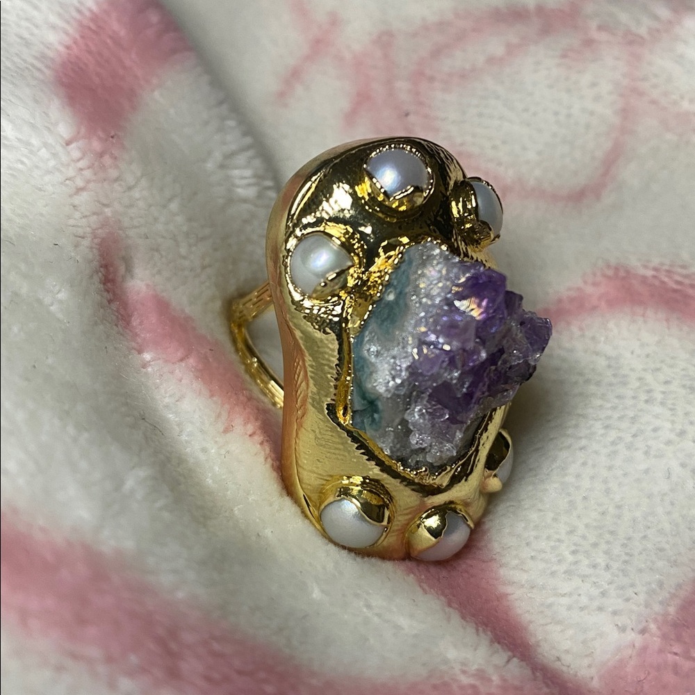 Real Amethyst and Pearl 18k GP Ring - Picture 2 of 5